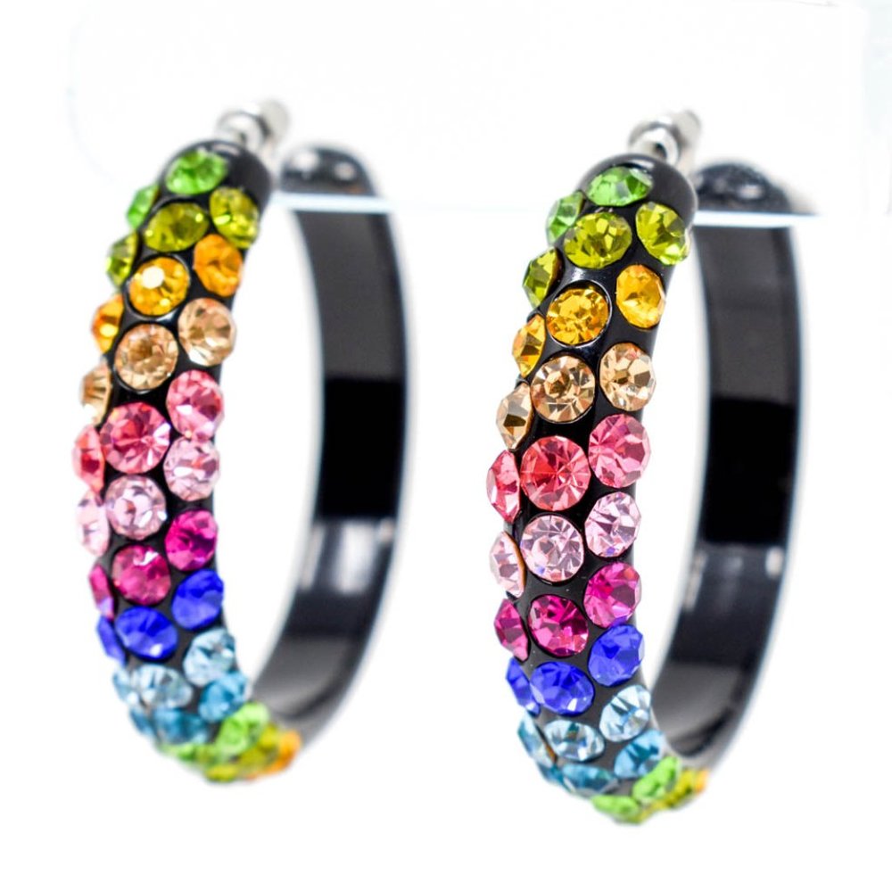 2" Diagonal Multicolor Rhinestones Black Hoops (A)